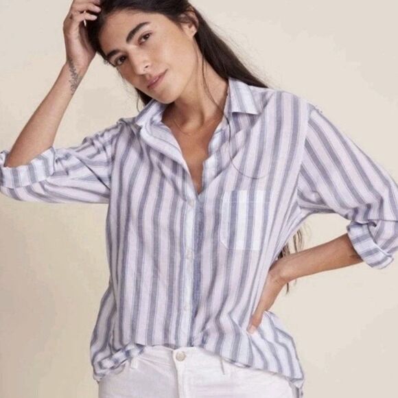 Frank & Eileen Grayson The Hero Button Up Shirt IDA White Blue Stripes Size 4 - Picture 4 of 7